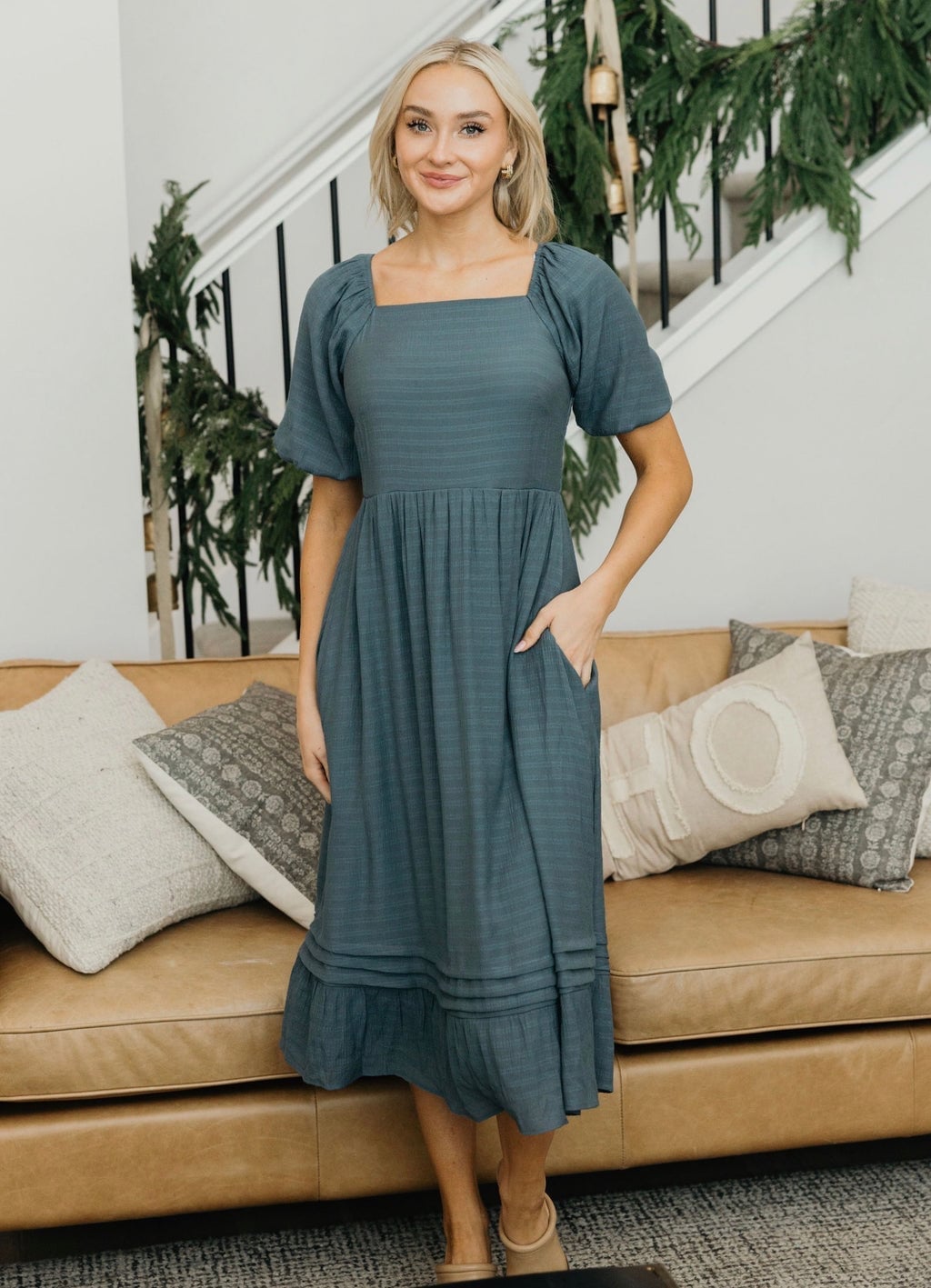 Teal Blue Textured Midi Dress Teal Blue Textured Midi Dress — Simple Church Dresses