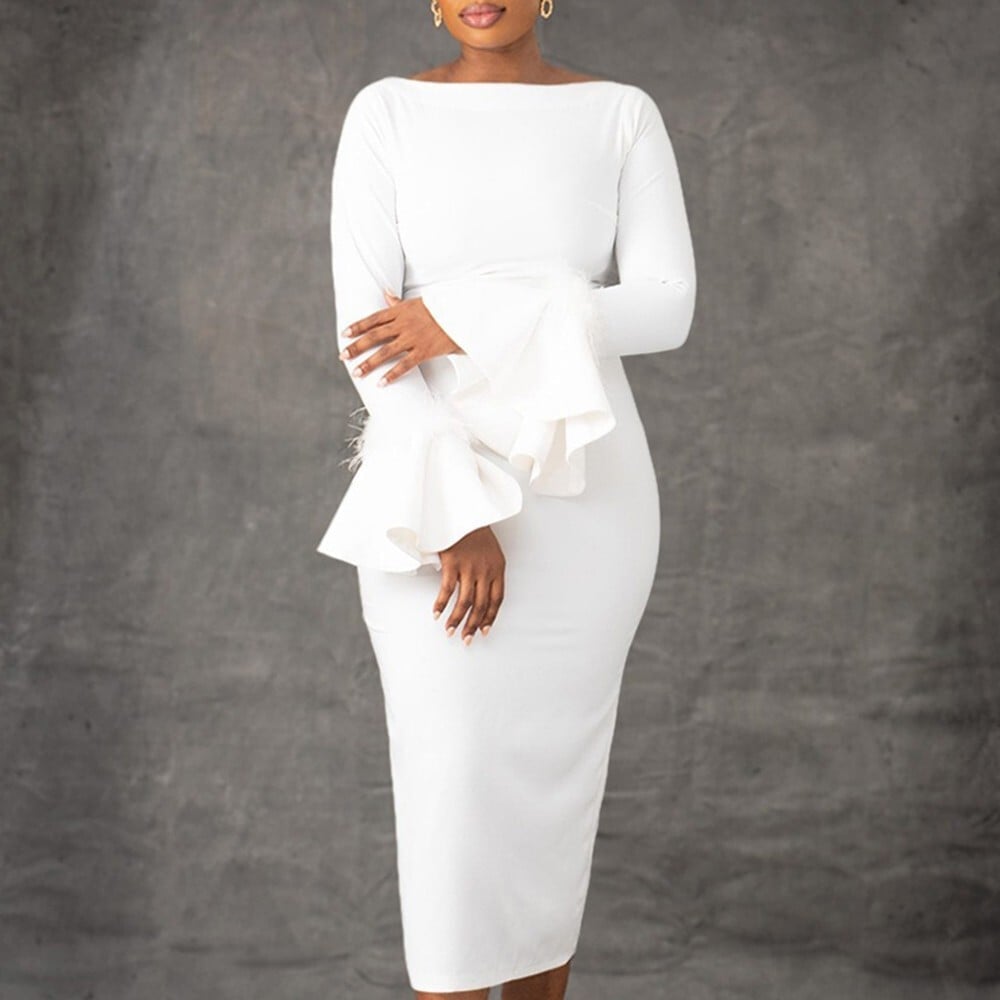 White Midi Dress with Feather Trim Bell Sleeves White Midi Dress with Feather Trim Bell Sleeves — Simple Church Dresses