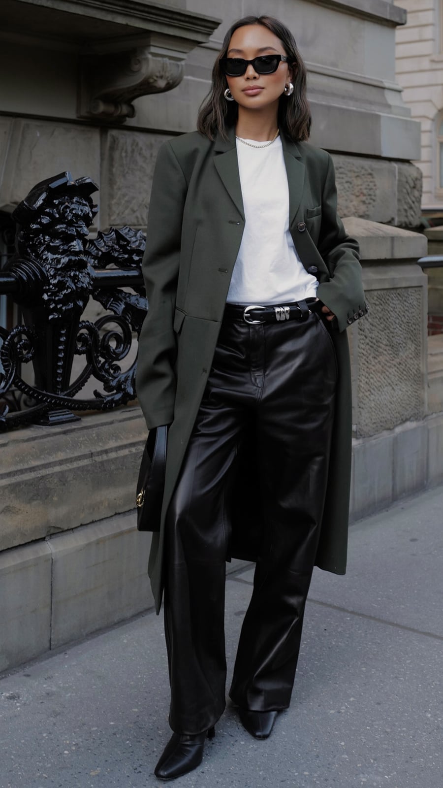 Olive Green Coat Over White T-Shirt and Black Leather Trousers Olive Green Coat Over White T-Shirt and Black Leather Trousers — Simple Corporate Outfits for Women