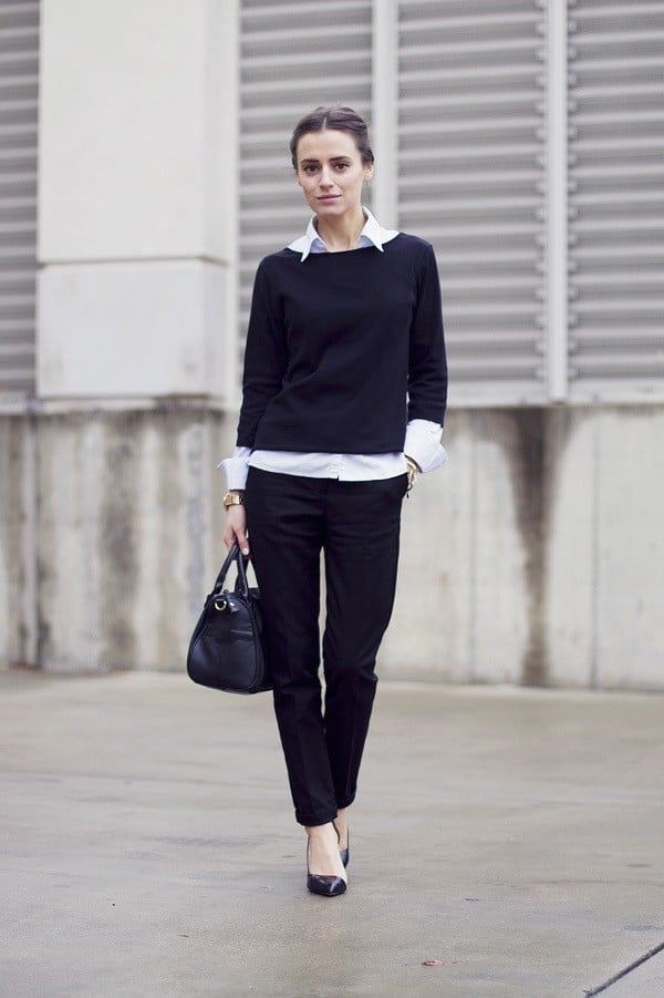 Navy Sweater Over White Shirt with Black Slim Trousers Navy Sweater Over White Shirt with Black Slim Trousers — Simple Corporate Outfits for Women