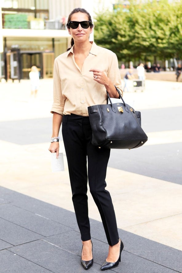 Relaxed Beige Shirt with Black Slim Trousers Relaxed Beige Shirt with Black Slim Trousers — Simple Corporate Outfits for Women