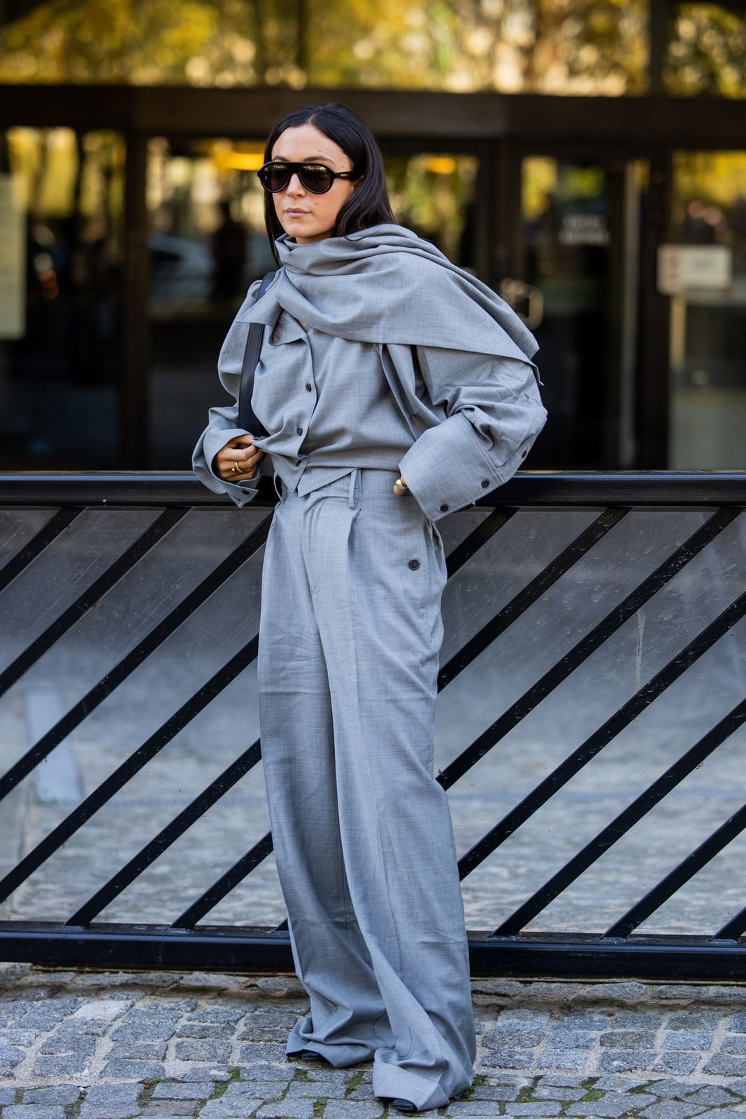 Charcoal Grey Suit with Fur-Trimmed Sleeves Charcoal Grey Suit with Fur-Trimmed Sleeves — Simple Corporate Outfits for Women