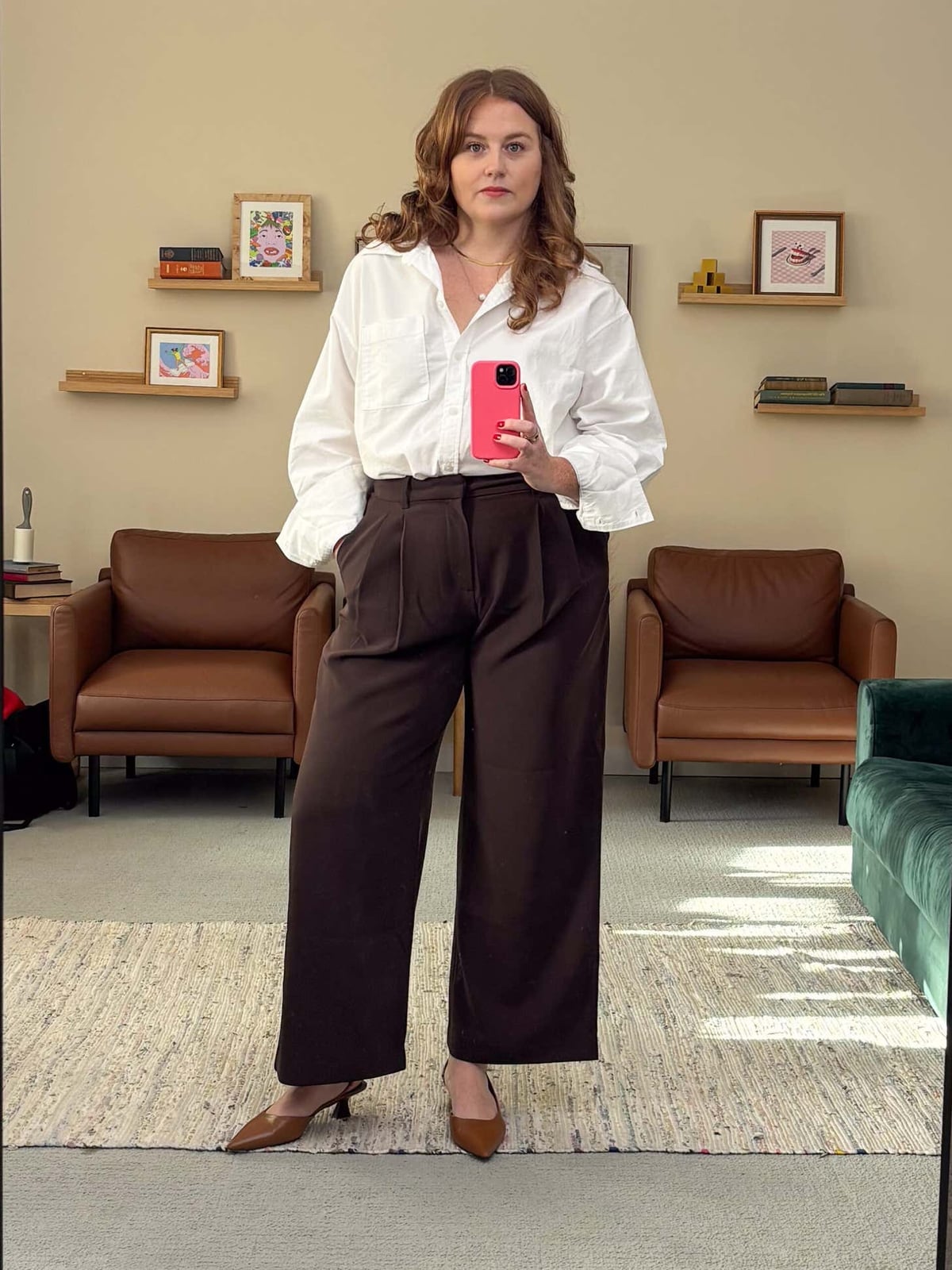 White Oversized Shirt with Dark Brown Wide-Leg Trousers, Cotton White Oversized Shirt with Dark Brown Wide-Leg Trousers, Cotton — Simple Corporate Outfits for Women