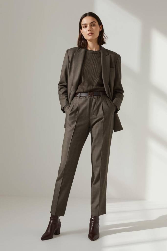 Oversized Brown Blazer with Dark Green Knit Sweater Oversized Brown Blazer with Dark Green Knit Sweater — Simple Corporate Outfits for Women