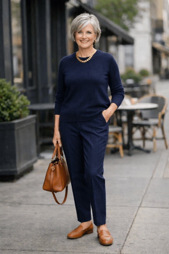Navy Sweater and Pinstripe Trousers with Brown Loafers Navy Sweater and Pinstripe Trousers with Brown Loafers — Simple Corporate Outfits for Women
