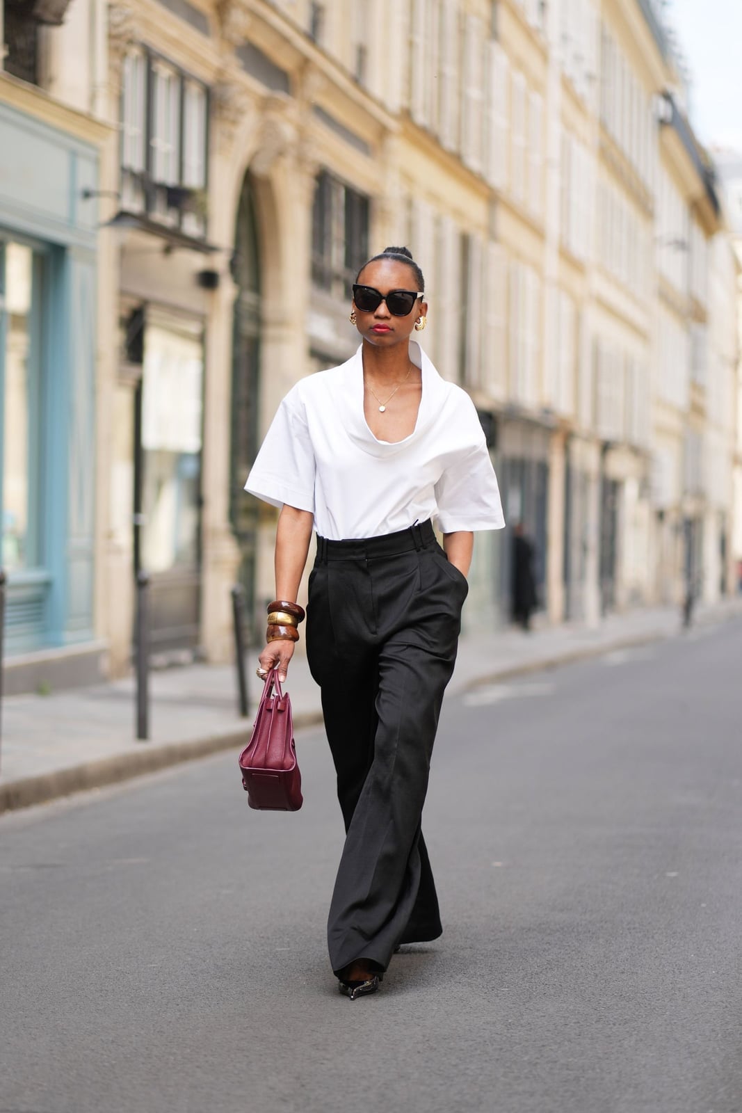 White Cowl Neck Top with Black Wide-Leg Trousers White Cowl Neck Top with Black Wide-Leg Trousers — Simple Corporate Outfits for Women