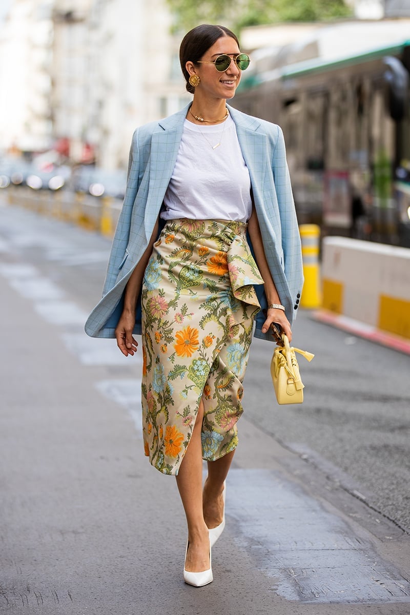 Light Blue Checked Blazer with Floral Midi Skirt Light Blue Checked Blazer with Floral Midi Skirt — Simple Corporate Outfits for Women