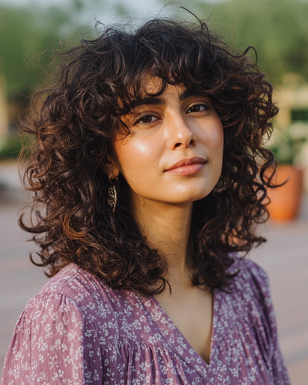Shoulder-Length Shag With Full Curly Bangs, Middle Shoulder-Length Shag With Full Curly Bangs, Middle — Simple Curly Bangs