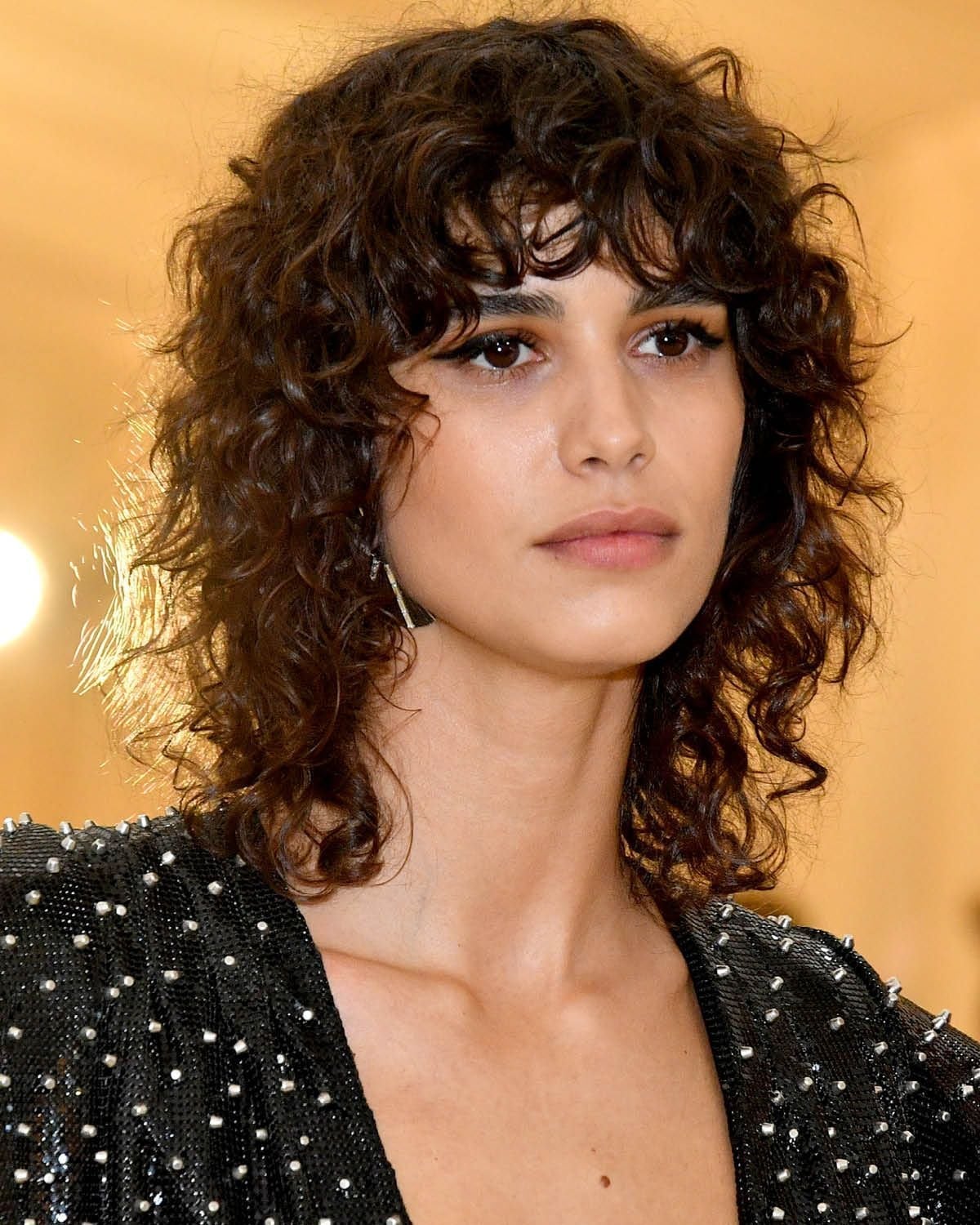 Collarbone Textured Shag With Curtain Bangs, Dark Brown Collarbone Textured Shag With Curtain Bangs, Dark Brown — Simple Curly Bangs