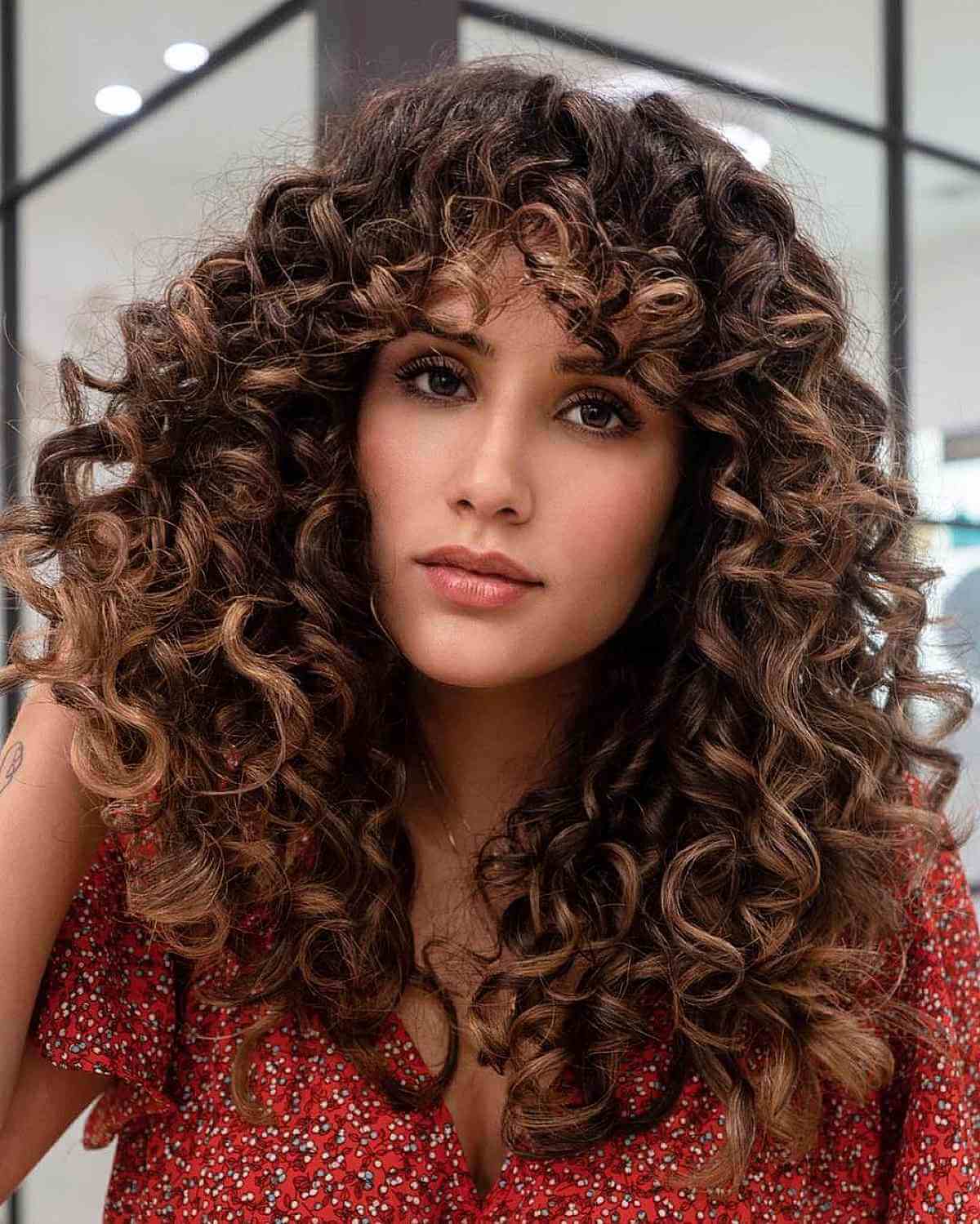 Mid-Back Layers With Full Curly Bangs, Middle Mid-Back Layers With Full Curly Bangs, Middle — Simple Curly Bangs