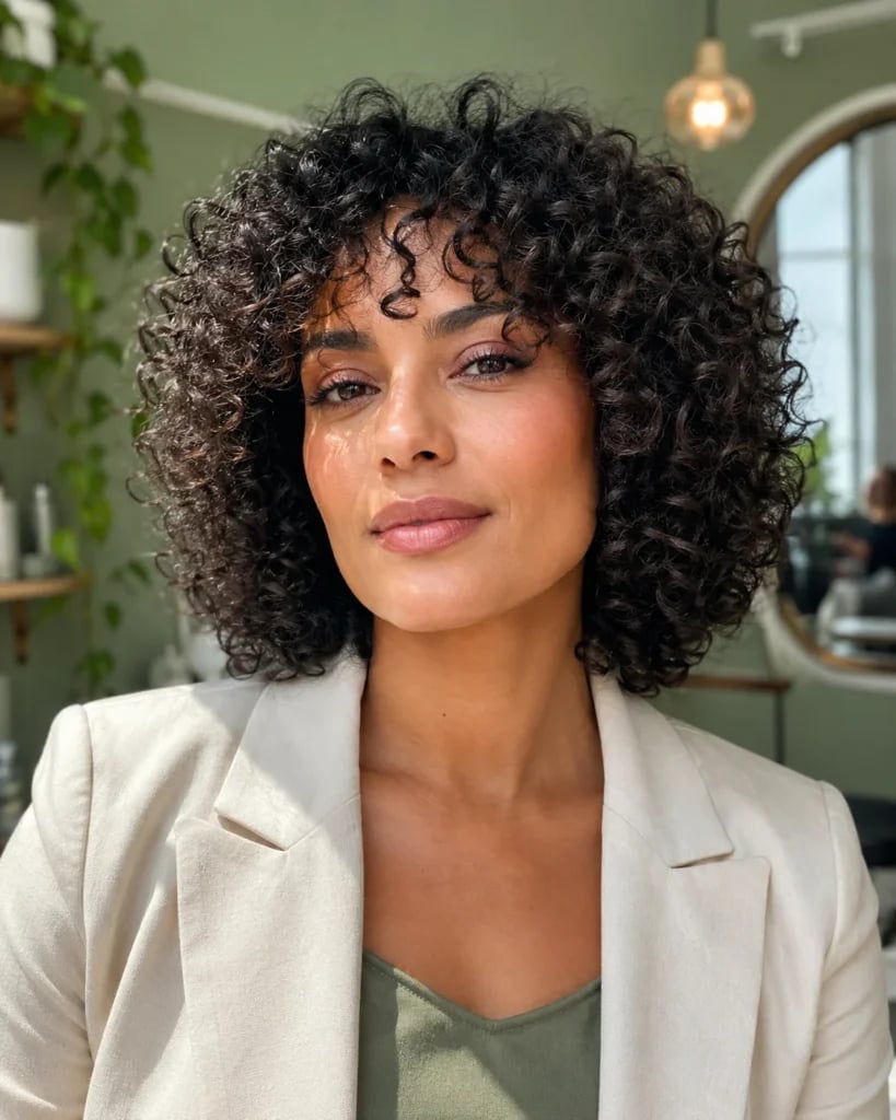 Shoulder-Length Layers With Full Curly Bangs Shoulder-Length Layers With Full Curly Bangs — Simple Curly Bangs