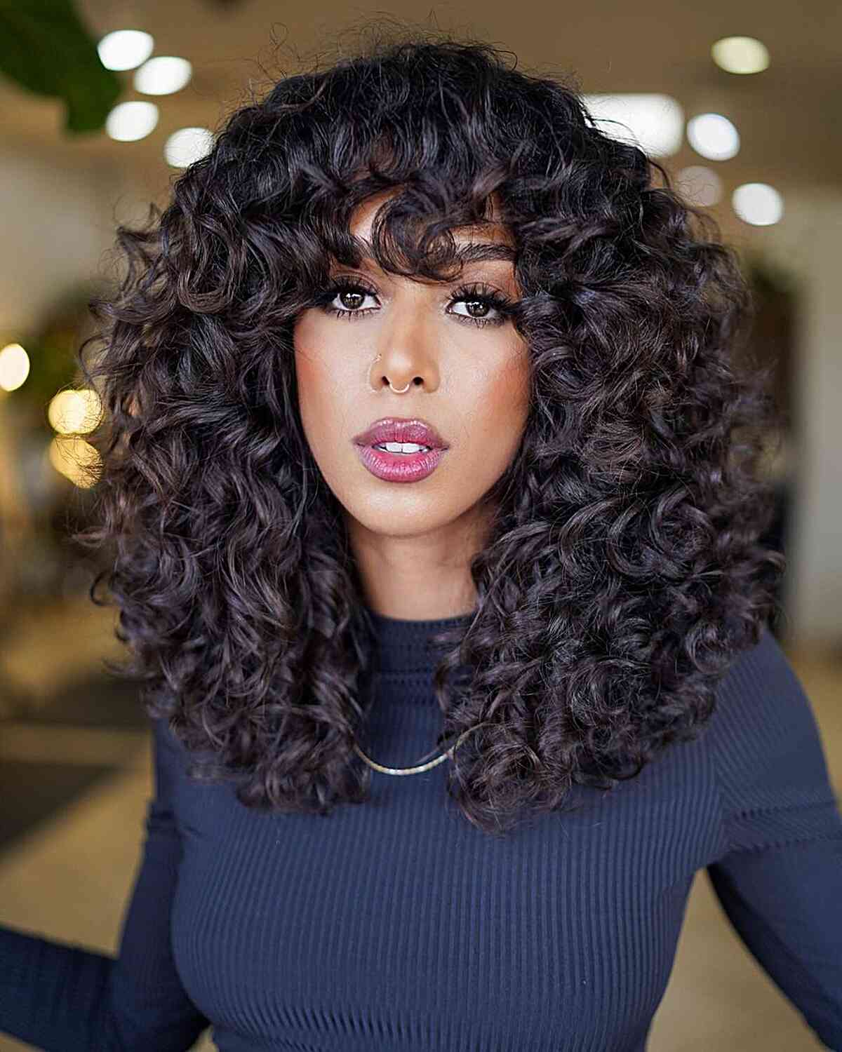 Shoulder Length Layers With Caramel Highlights Shoulder Length Layers With Caramel Highlights — Simple Curly Bangs