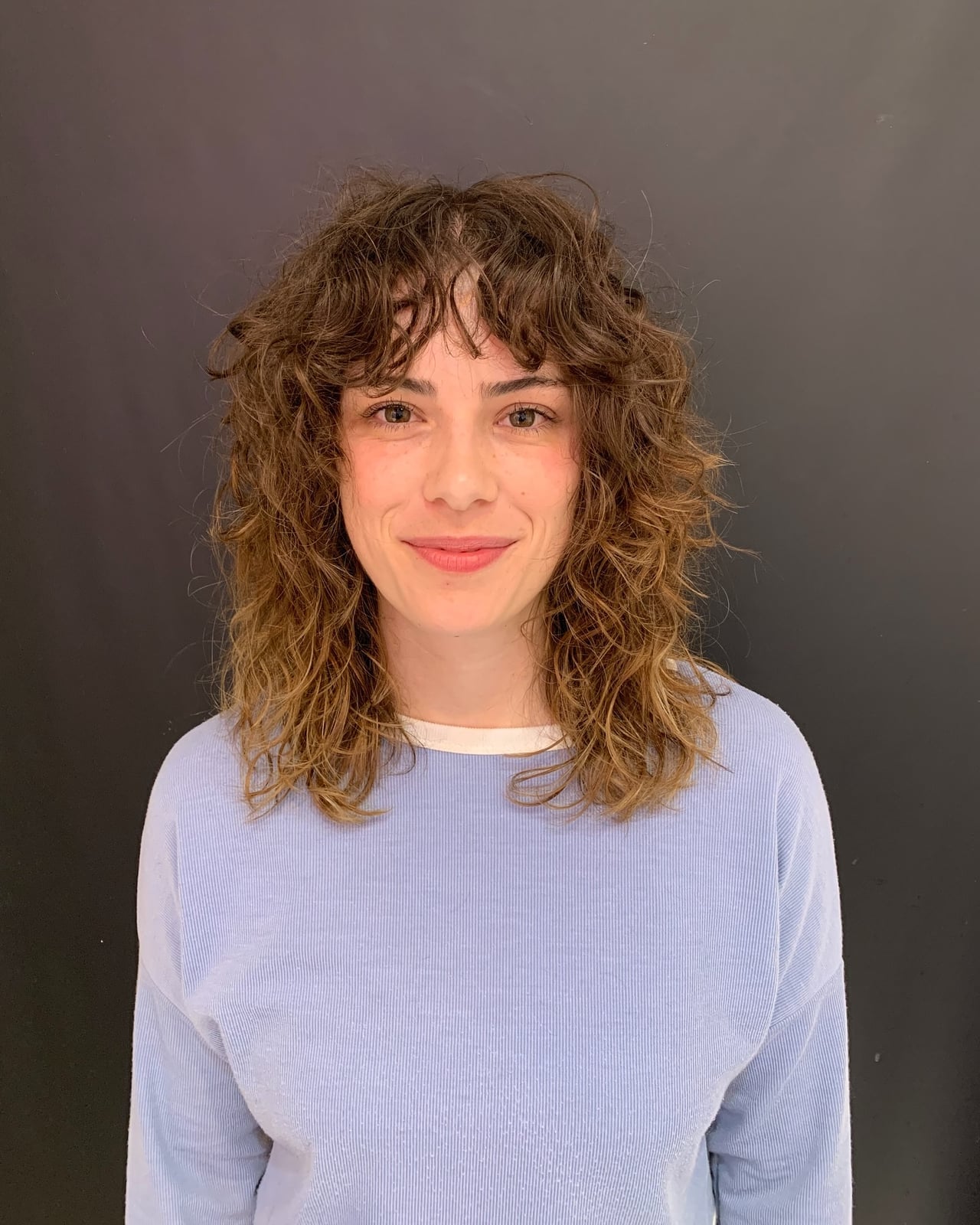 Medium Brown Shag With Wispy Bangs — Simple Curly Shag