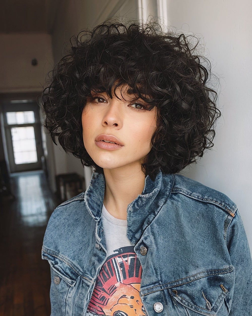 Textured Chin Length Shag With Curly Bangs — Simple Curly Shag