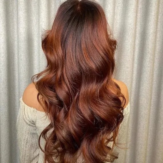 Mid-Back Layers With Copper Highlights and Loose Waves Mid-Back Layers With Copper Highlights and Loose Waves — Simple Dark Auburn Hair