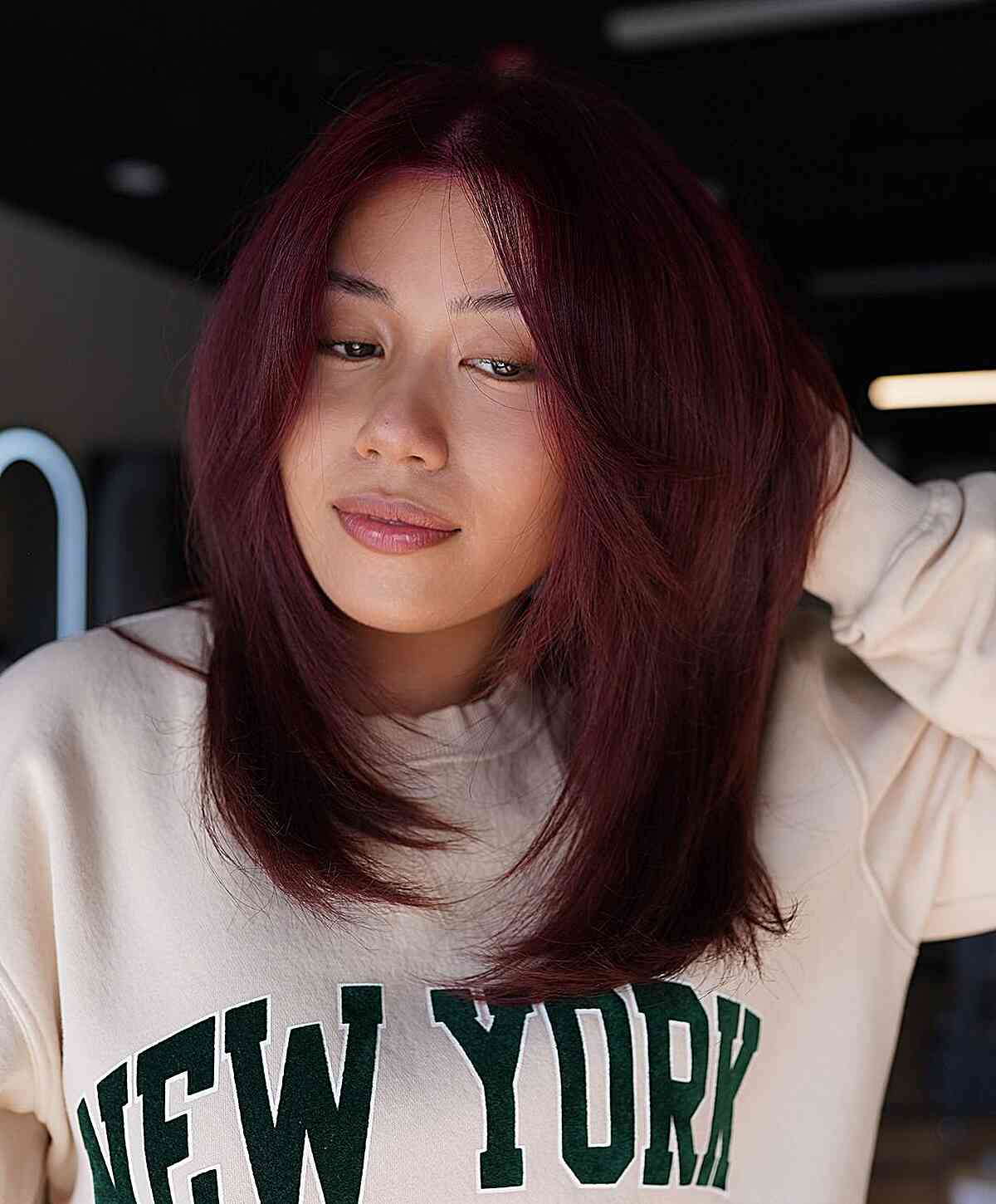 Collarbone Length Deep Dark Auburn With Bangs Collarbone Length Deep Dark Auburn With Bangs — Simple Dark Auburn Hair