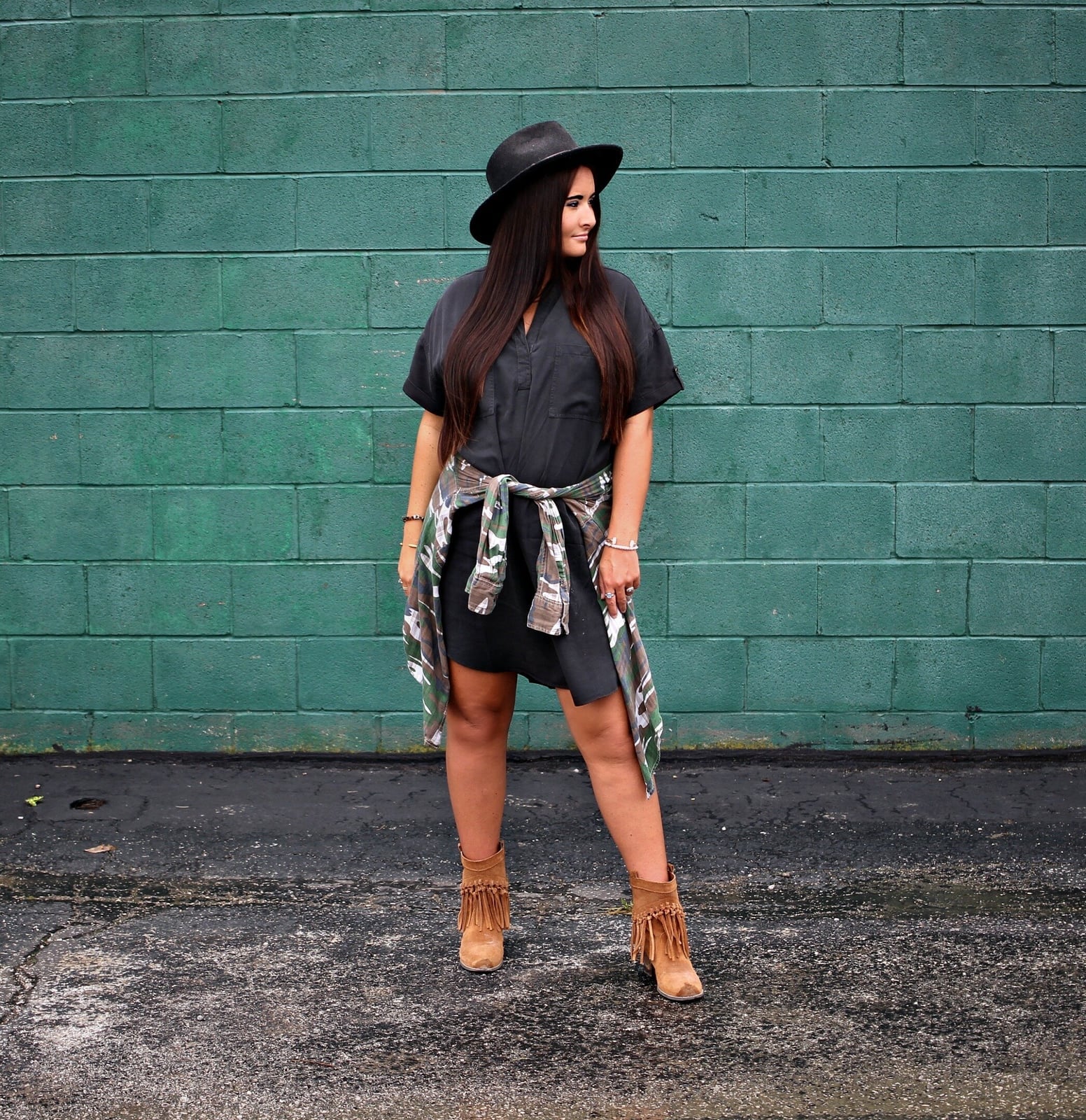 Black Shirt Dress with Flannel and Tan Fringe Boots Black Shirt Dress with Flannel and Tan Fringe Boots — Simple Dress and Boots