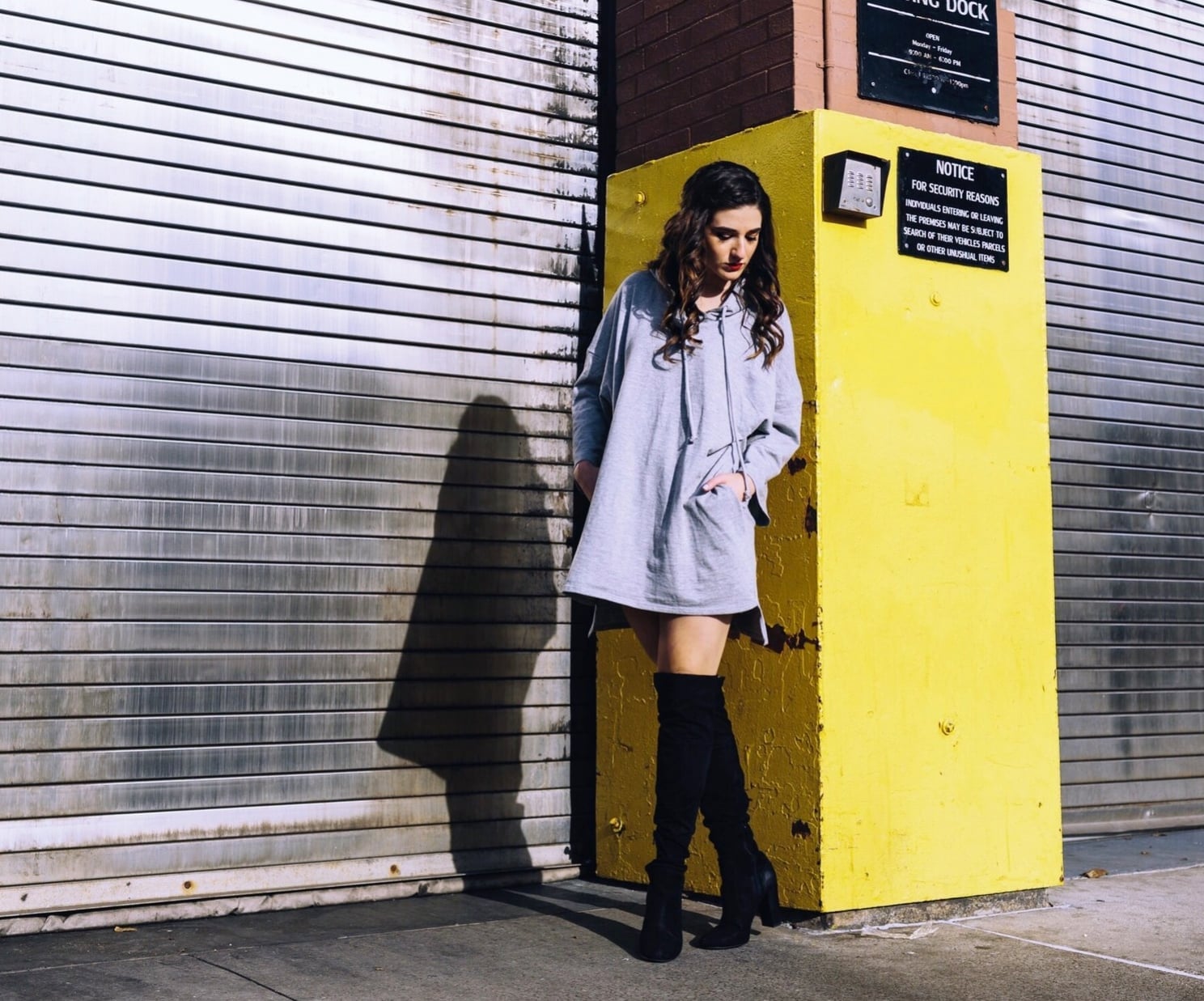 Grey Hooded Sweatshirt Dress with Black Over-The-Knee Boots Grey Hooded Sweatshirt Dress with Black Over-The-Knee Boots — Simple Dress and Boots