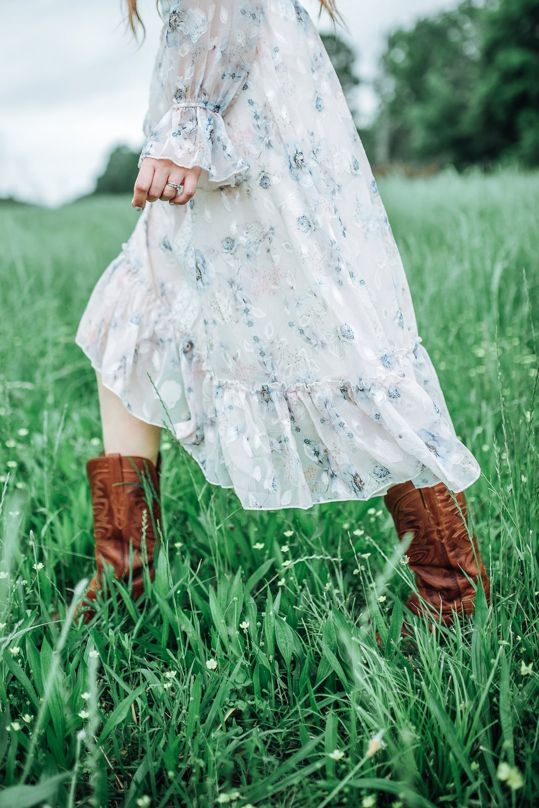 Floral Print Dress with Ruffled Details and Brown Cowboy Boots Floral Print Dress with Ruffled Details and Brown Cowboy Boots — Simple Dress and Boots