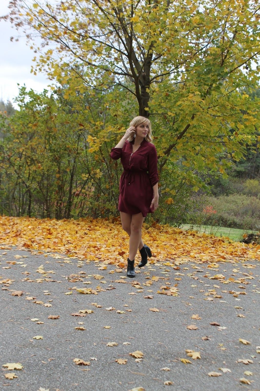Burgundy Shirt Dress with Black Ankle Boots Burgundy Shirt Dress with Black Ankle Boots — Simple Dress and Boots