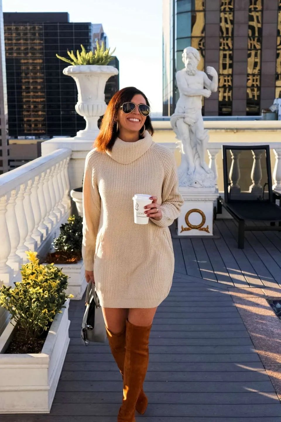 Cream Turtleneck Sweater Dress with Tan Suede Over-The-Knee Boots Cream Turtleneck Sweater Dress with Tan Suede Over-The-Knee Boots — Simple Dress and Boots