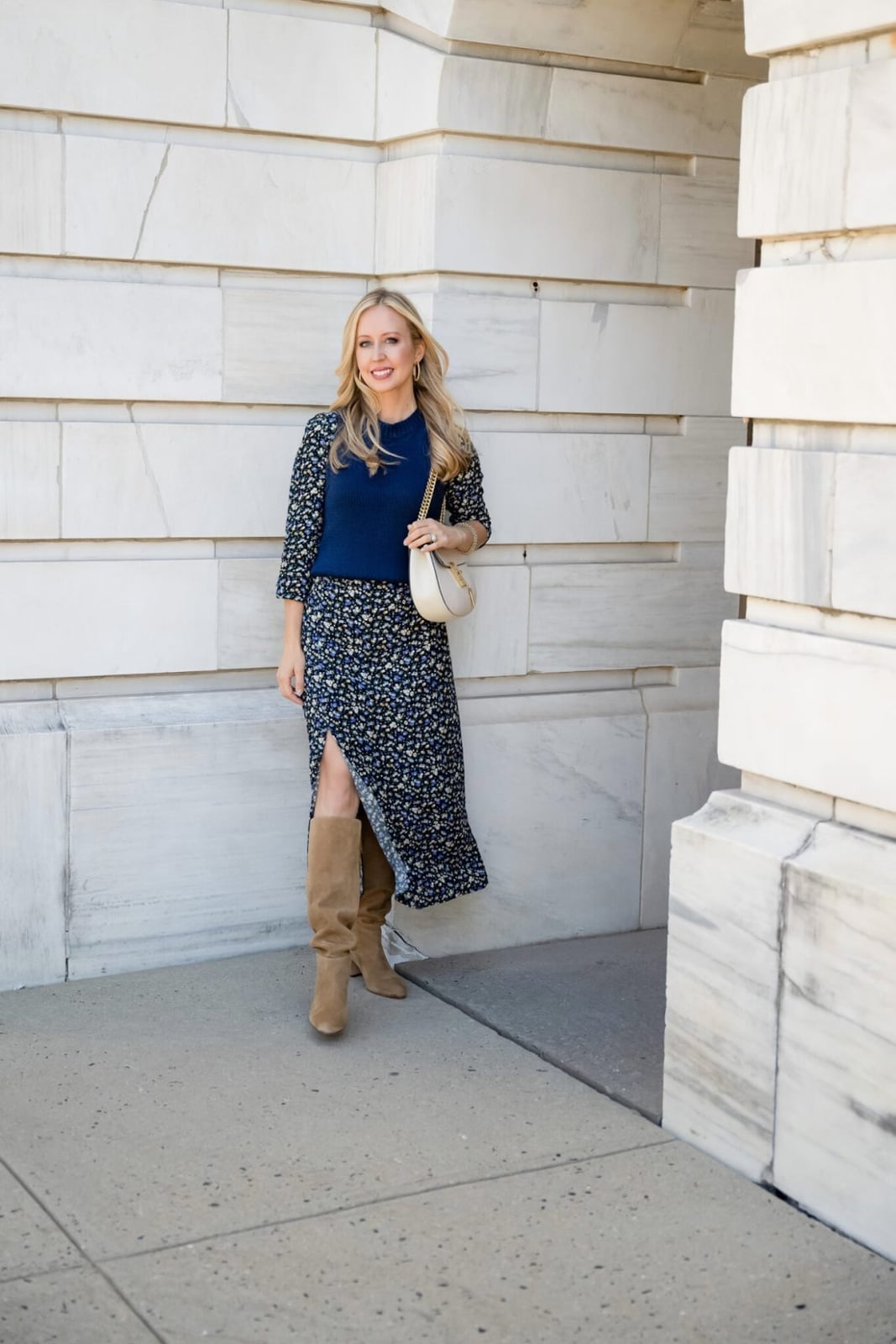 Floral Print Midi Dress with Navy Top and Suede Boots Floral Print Midi Dress with Navy Top and Suede Boots — Simple Dress and Boots