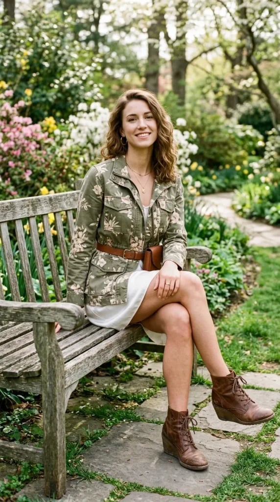 White Dress with Floral Utility Jacket and Brown Wedge Boots White Dress with Floral Utility Jacket and Brown Wedge Boots — Simple Dress and Boots