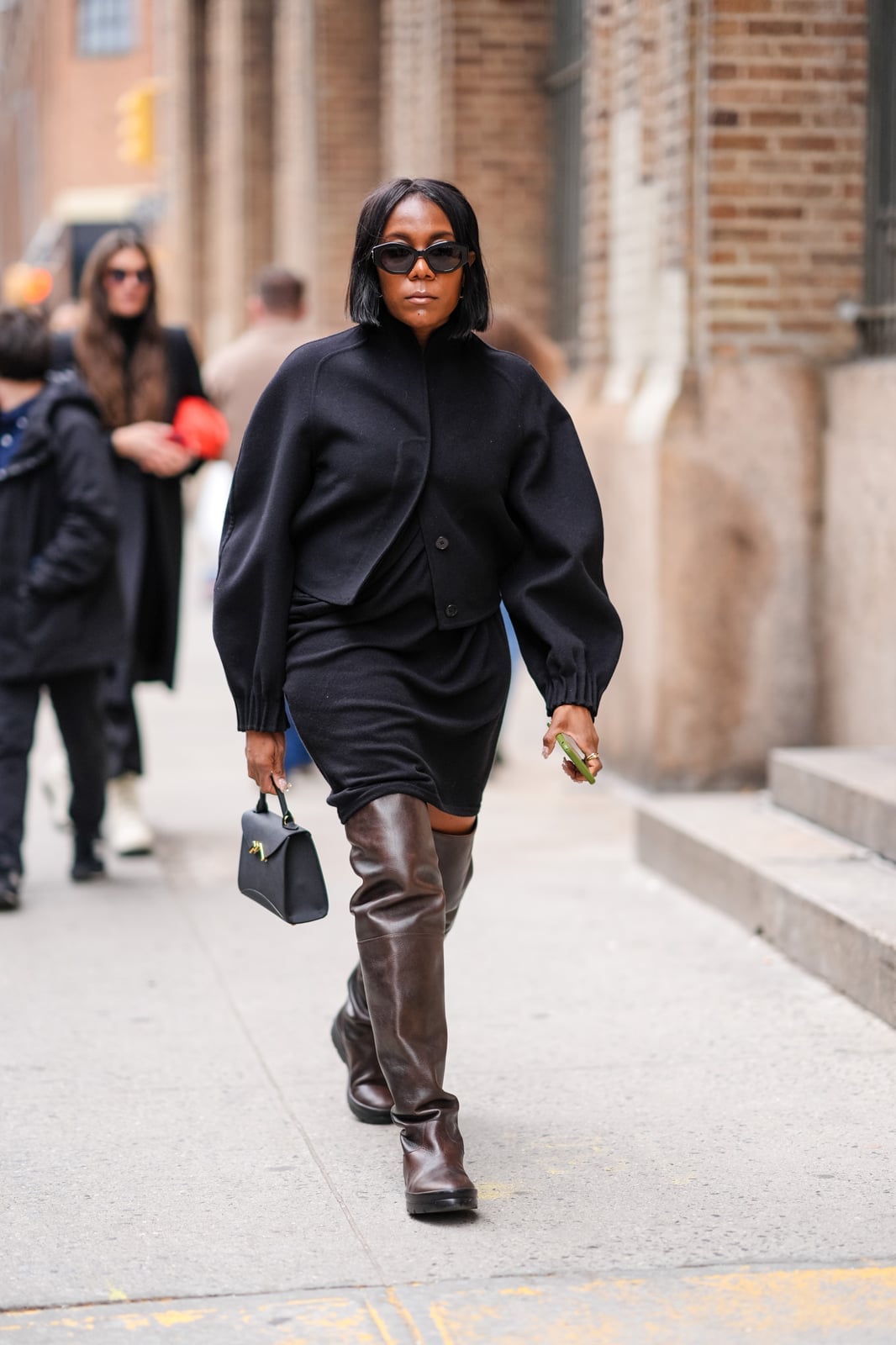Black Mini Dress with Cropped Jacket and Dark Brown Boots Black Mini Dress with Cropped Jacket and Dark Brown Boots — Simple Dress and Boots