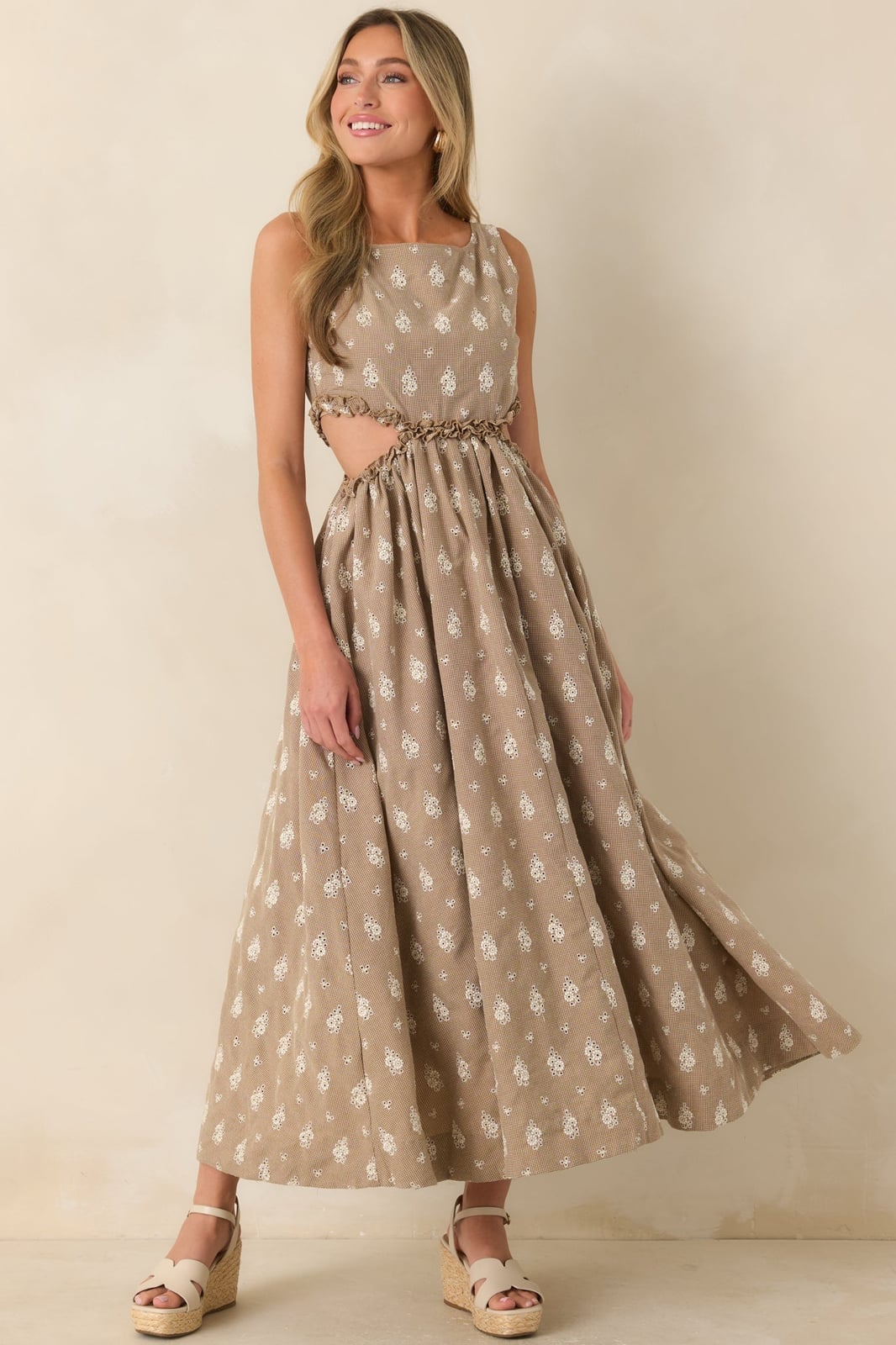 Beige Printed Midi Dress with Cut-Out Waist Beige Printed Midi Dress with Cut-Out Waist — Simple Dresses to Wear
