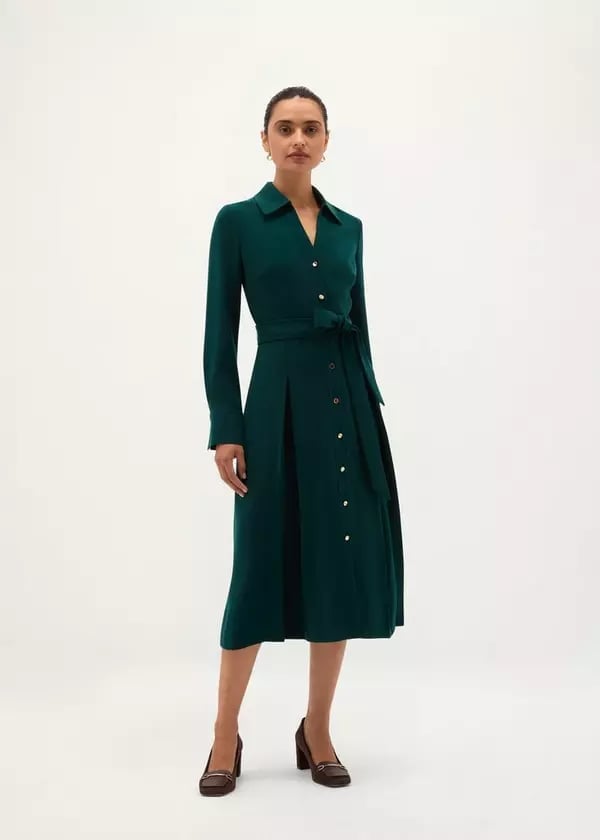 Deep Green Crepe Shirt Dress with Belt Deep Green Crepe Shirt Dress with Belt — Simple Dresses to Wear
