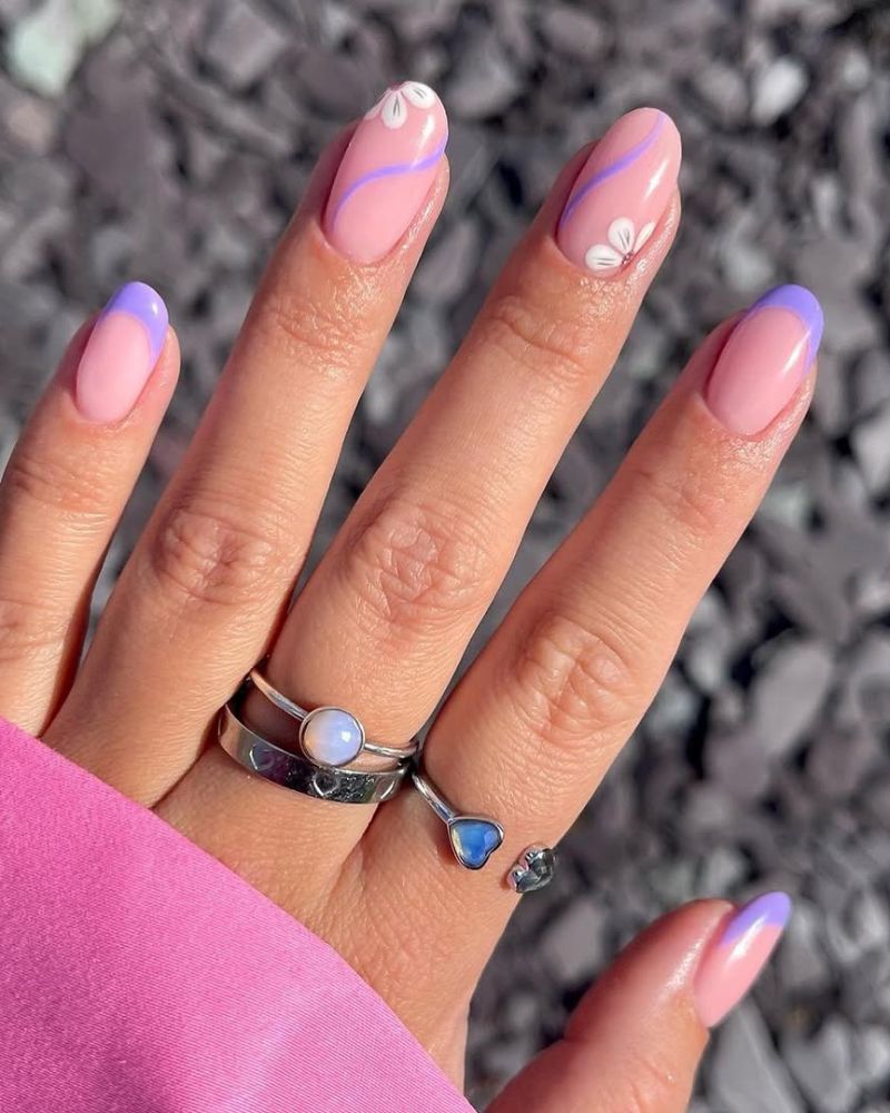 Lavender French Tip Floral Swirl Medium Almond Nails — Simple Floral Nails