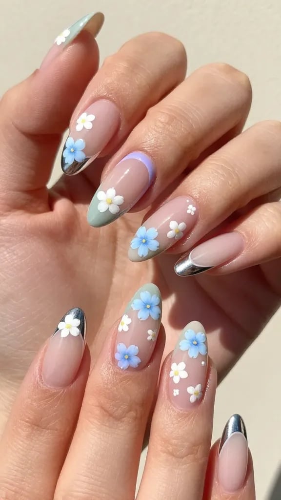 Sage Green Lavender Floral Silver French Medium Almond Nails — Simple Floral Nails