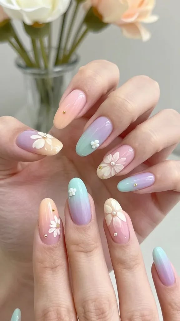 3D Flower Pastel Ombre Medium Almond Nails — Simple Floral Nails