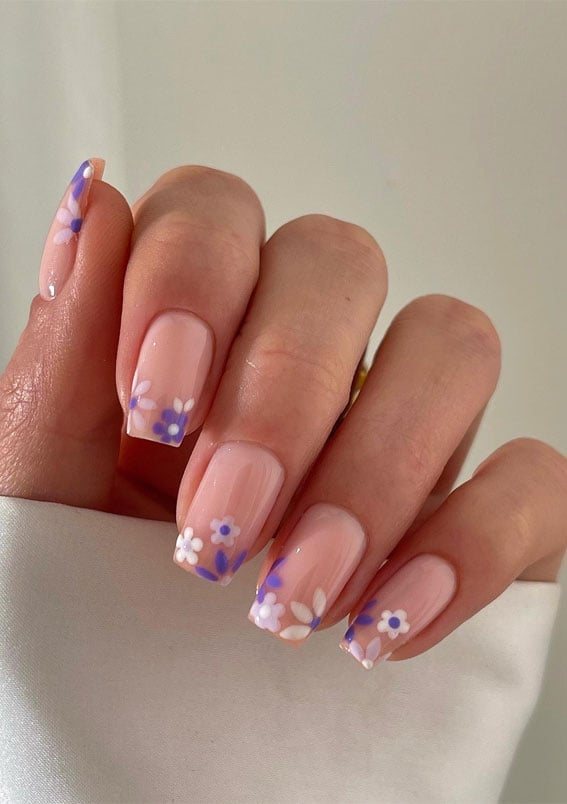 Floral French Tip Soft Square Nails — Simple Floral Nails