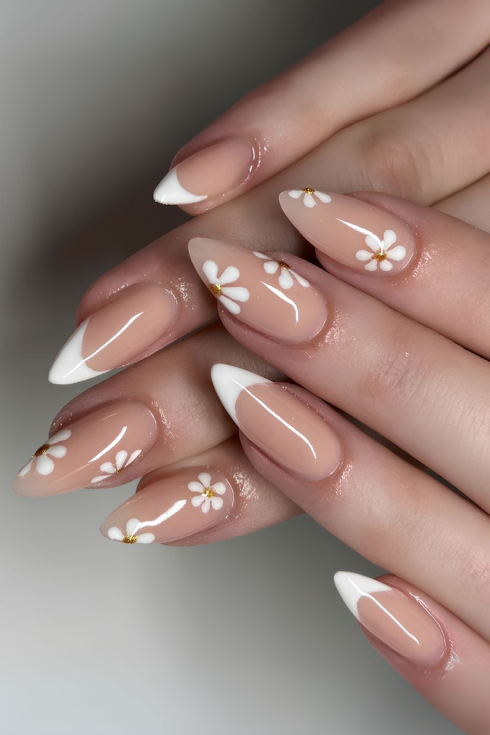 Gold Center White Flower French Tip Medium Almond Nails — Simple Floral Nails