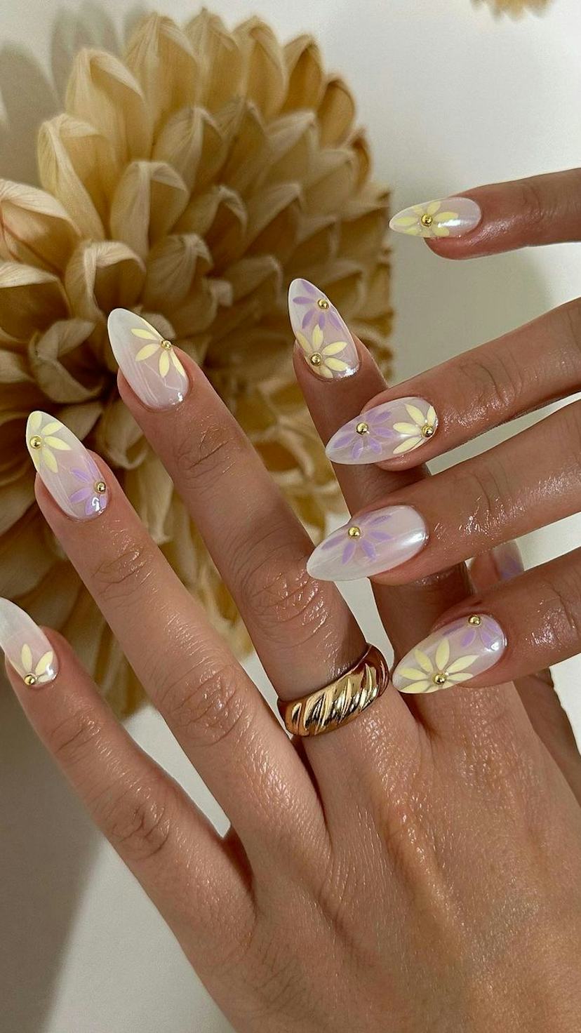 Pearlized Yellow Floral Gold Bead Medium Almond Nails — Simple Floral Nails