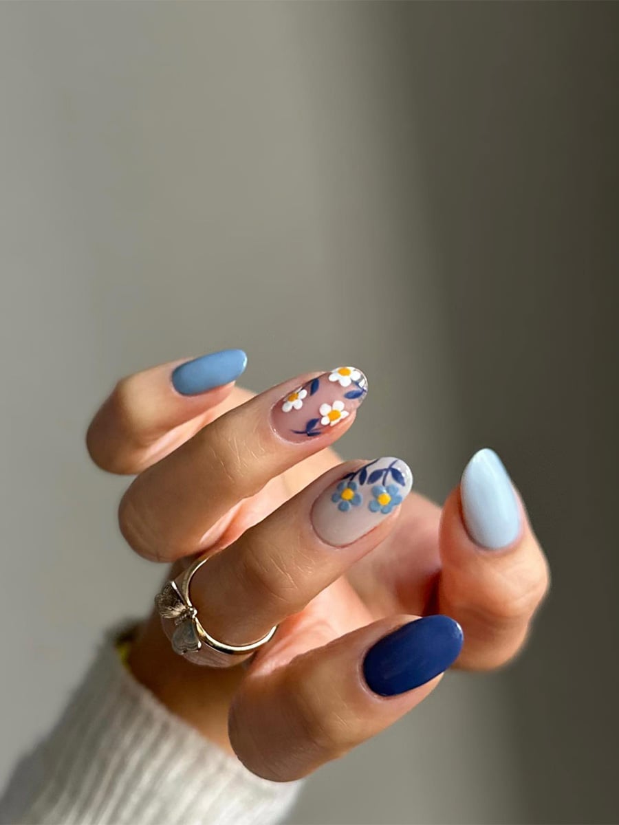 Matte Blue and Floral Accent Medium Oval Nails — Simple Floral Nails