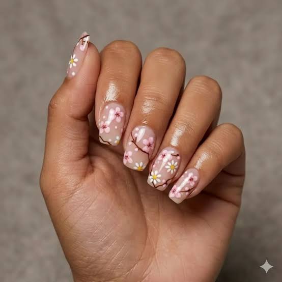 Cherry Blossom Branch Medium Square Nails — Simple Floral Nails