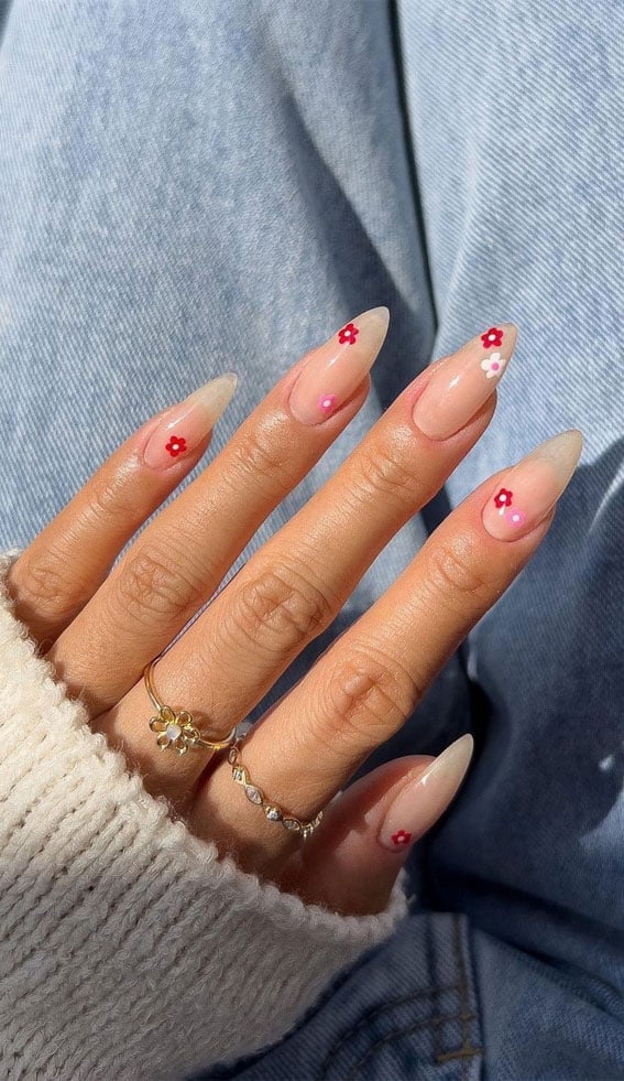 Red Pink Floral Long Stiletto Nails — Simple Floral Nails
