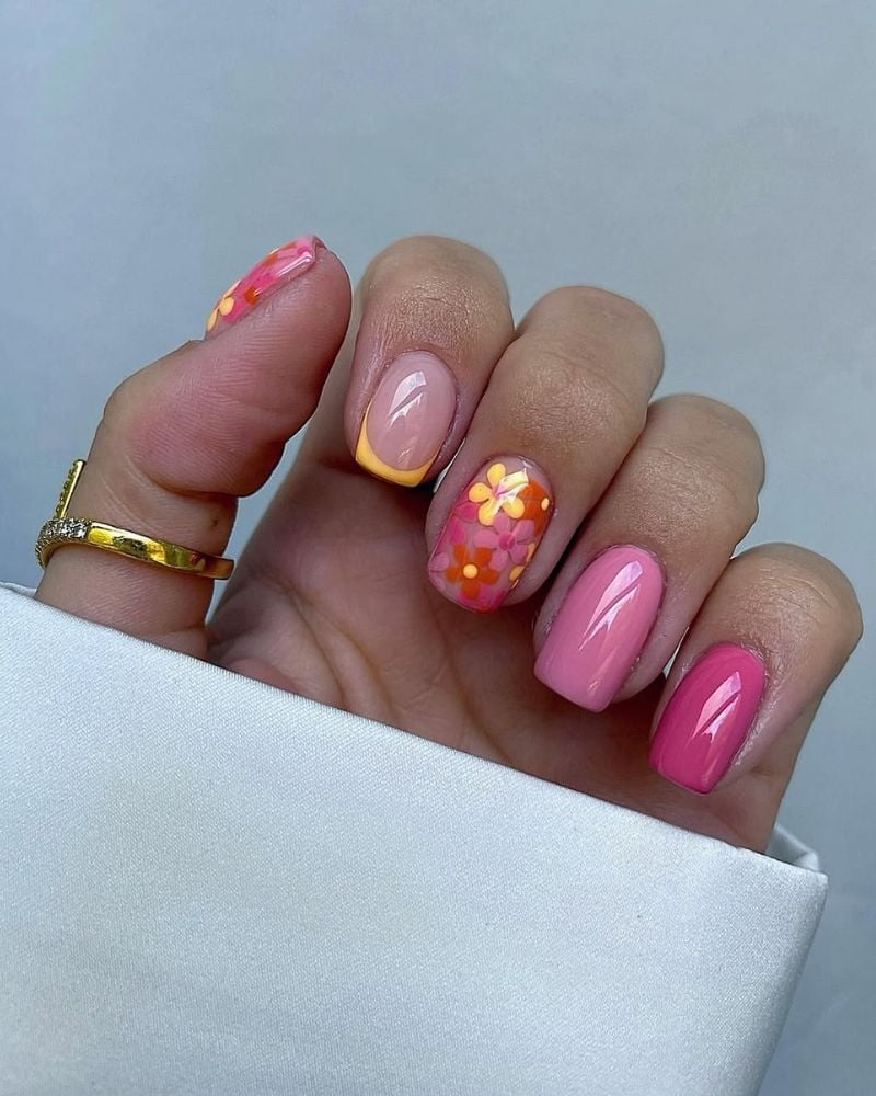 Pink Yellow Floral French Tip Short Square Nails — Simple Floral Nails