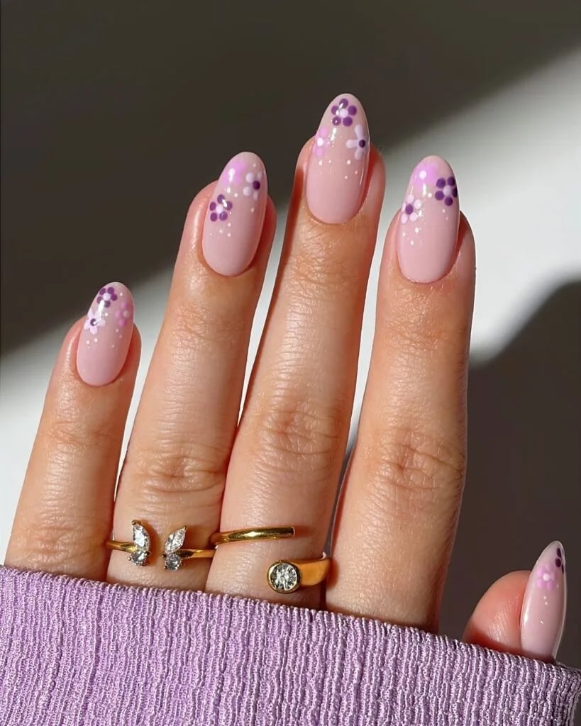 Lavender Floral Dots Medium Almond Nails — Simple Floral Nails