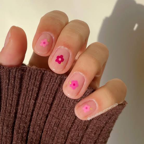 Pink Cherry Blossom Short Almond Nails — Simple Floral Nails