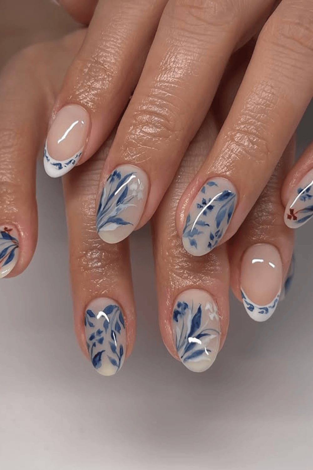 Blue Watercolor Floral Medium Oval Nails — Simple Floral Nails