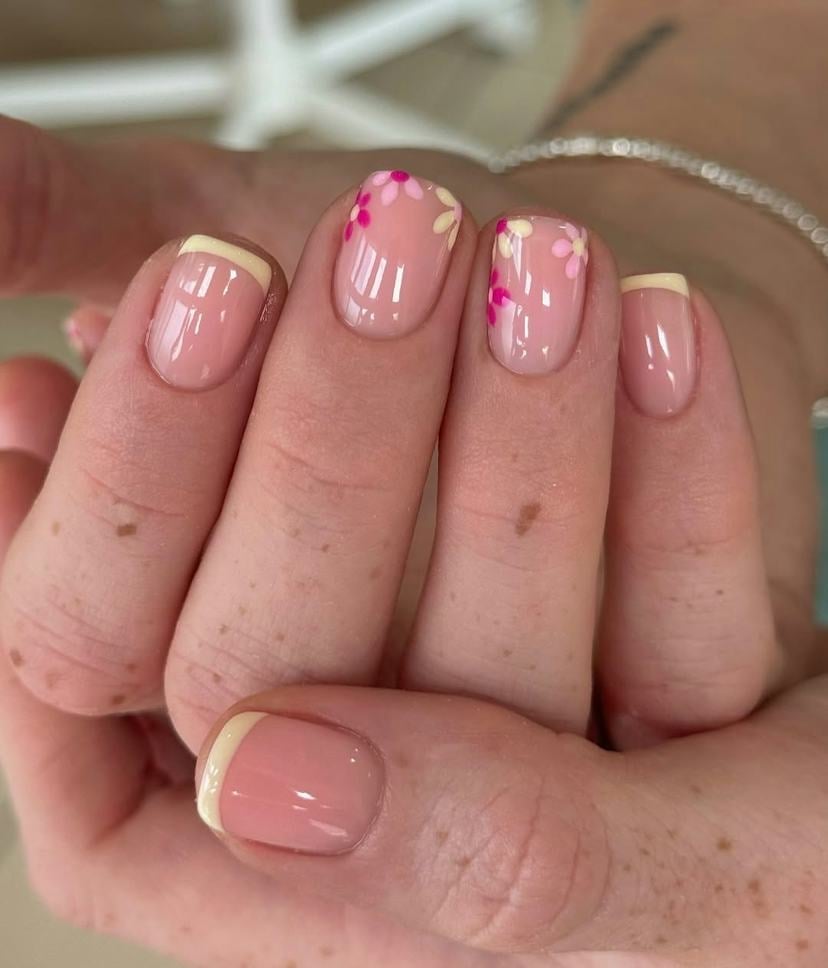 Pink Yellow Floral Pale Yellow French Short Oval Nails — Simple Floral Nails