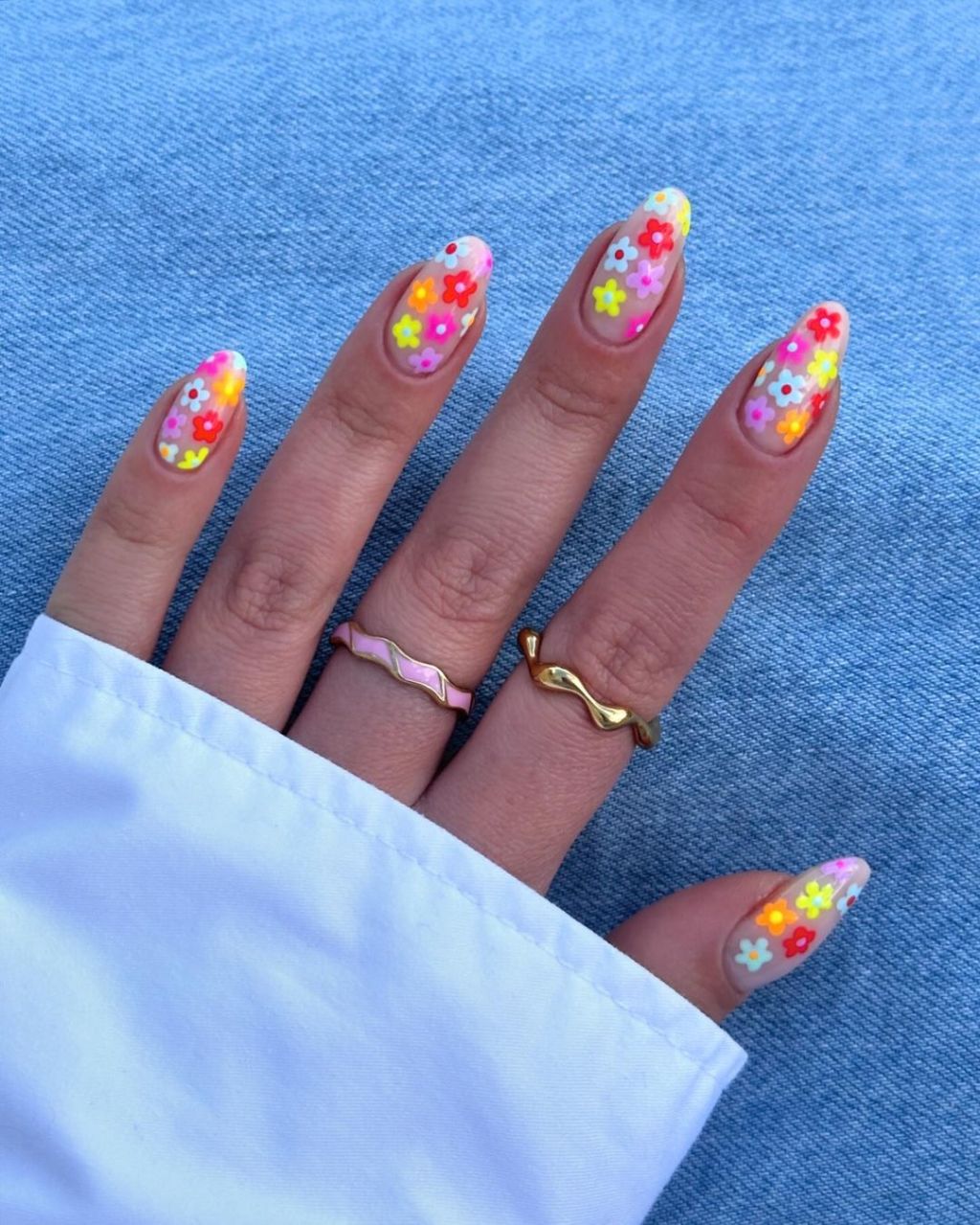 Scattered Colorful Floral Medium Almond Nails — Simple Floral Nails