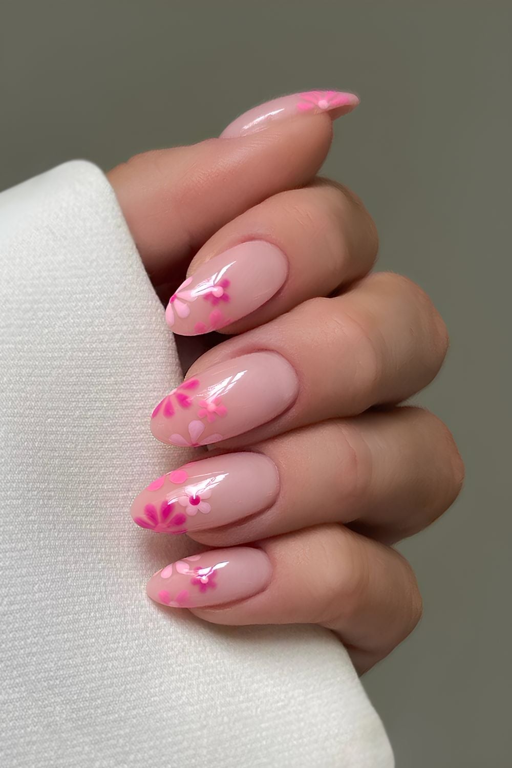 Pink Floral Medium Almond Nails — Simple Floral Nails