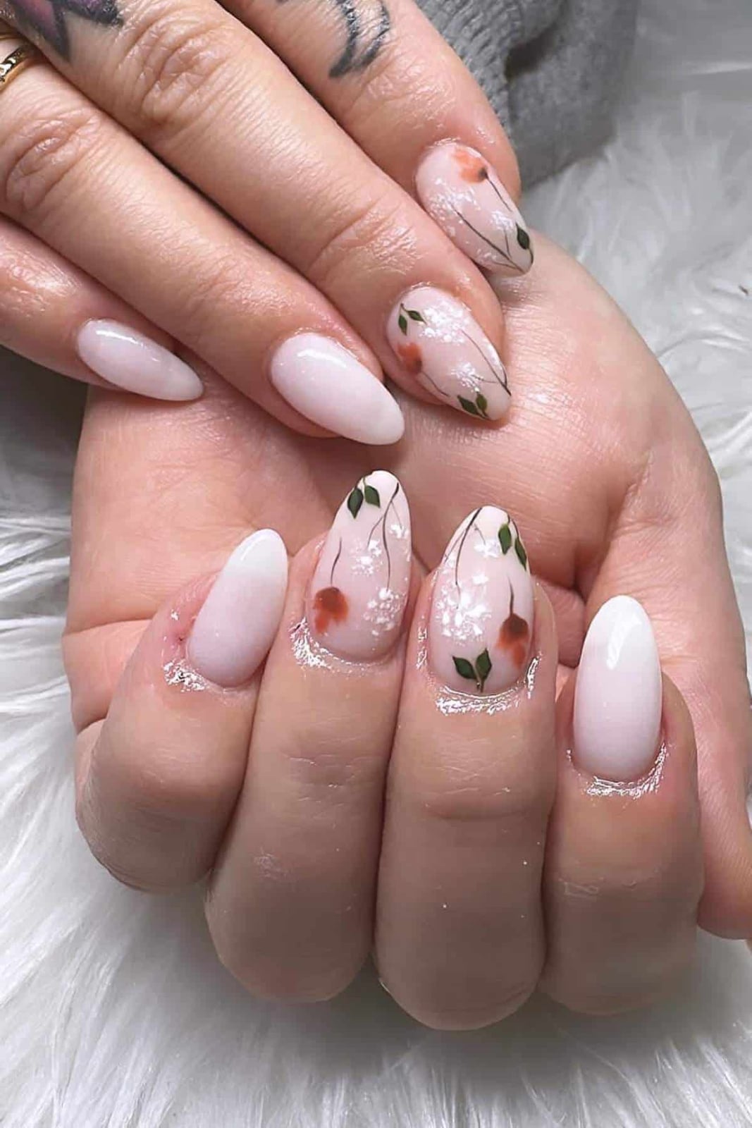 Thin Floral Green Orange Bud Medium Almond Nails — Simple Floral Nails