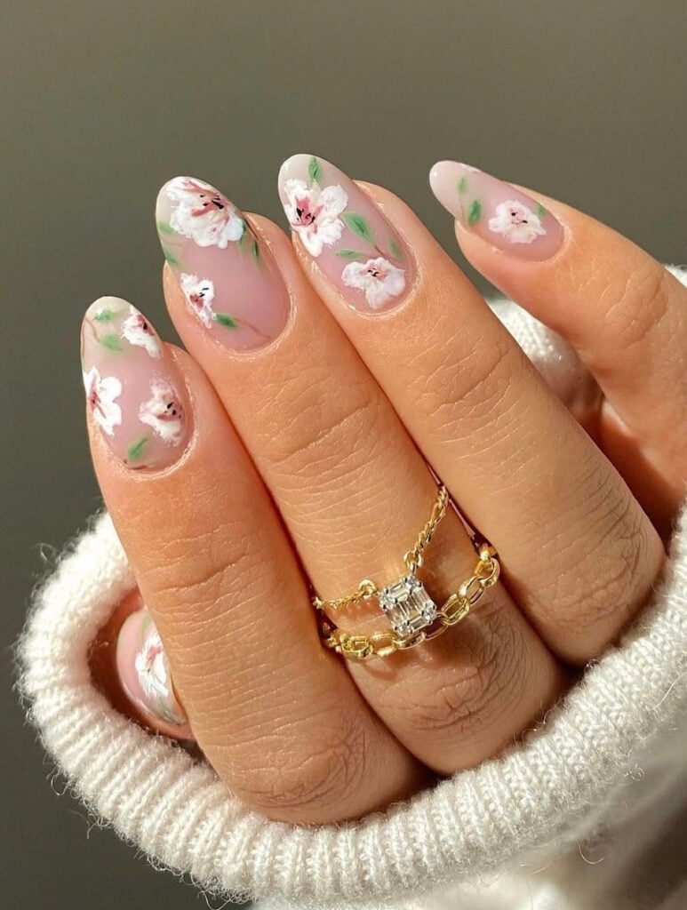 Watercolor Floral Matte Medium Almond Nails — Simple Floral Nails