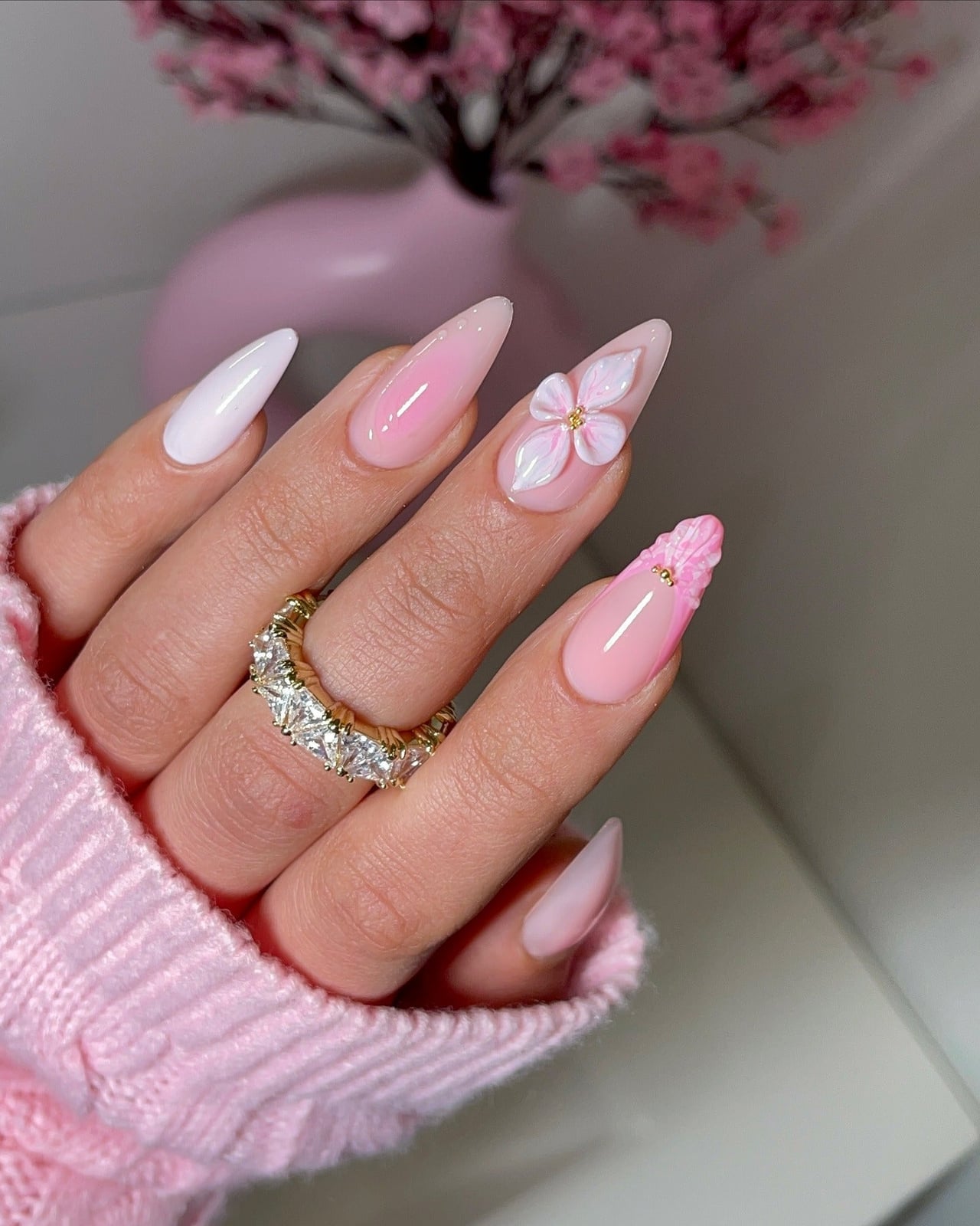 3D Iridescent Pink Flower Long Almond Nails — Simple Floral Nails
