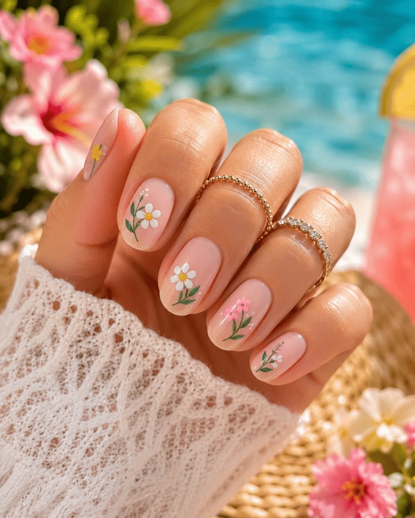 Delicate Floral Medium Oval Nails — Simple Floral Nails